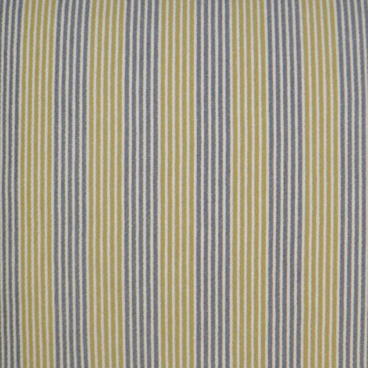 Yellow and blue-gray vertical striped cotton fabric with narrow woven stripes.