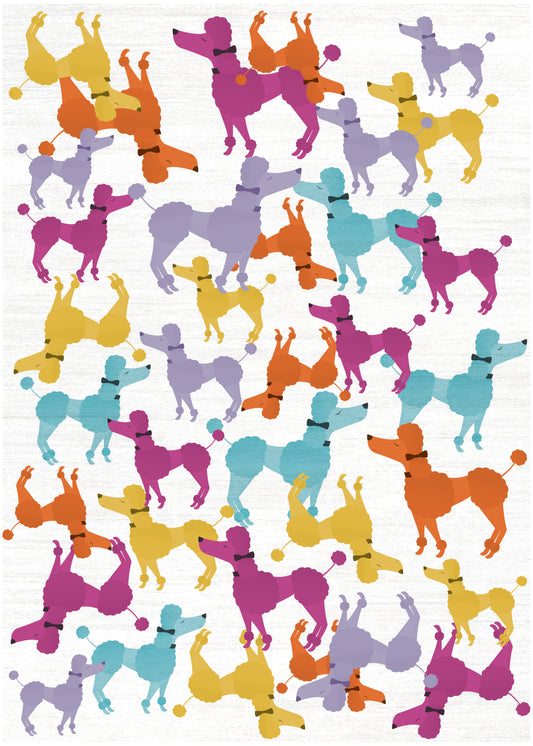 Bright multicolor poodle silhouettes in varied poses scattered across a light textured background; bold textile print.