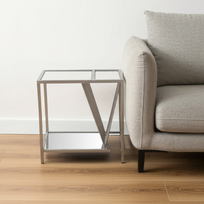 24" Silver Mirrored Glass And Iron End Table With Shelf