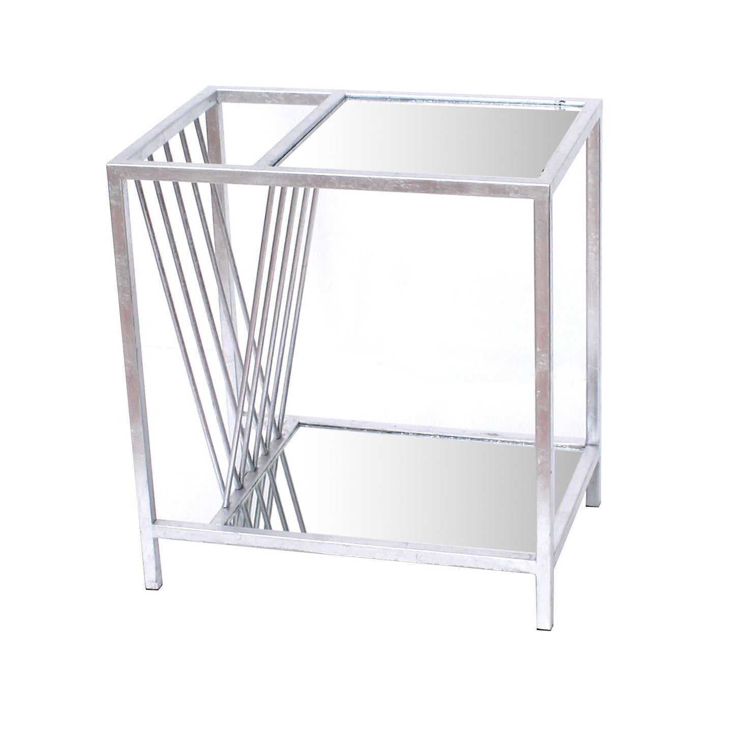 24" Silver Mirrored Glass And Iron End Table With Shelf