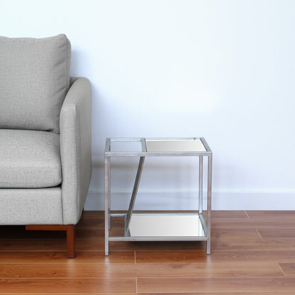 24" Silver Mirrored Glass And Iron End Table With Shelf