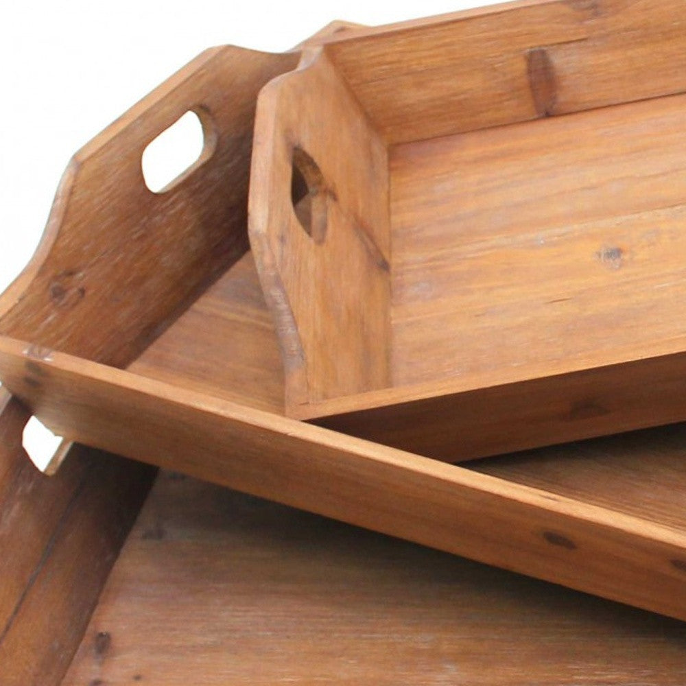 Set of Three Brown Wood Serving Tray