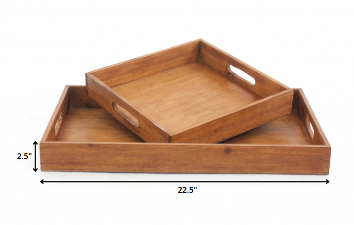 Set of Two Brown Wood Serving Tray