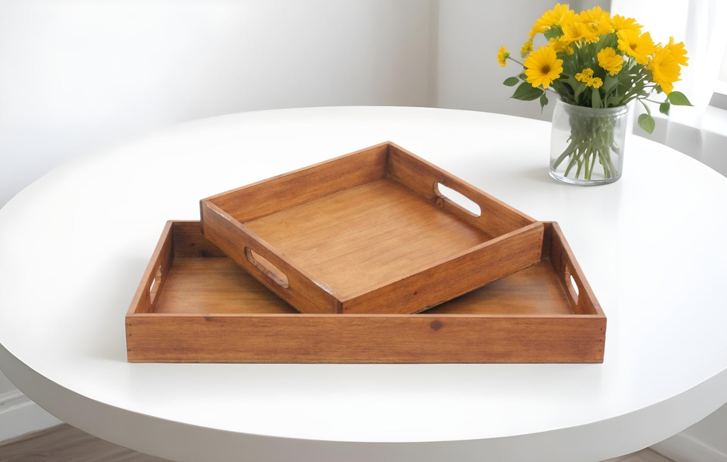 Set of Two Brown Wood Serving Tray