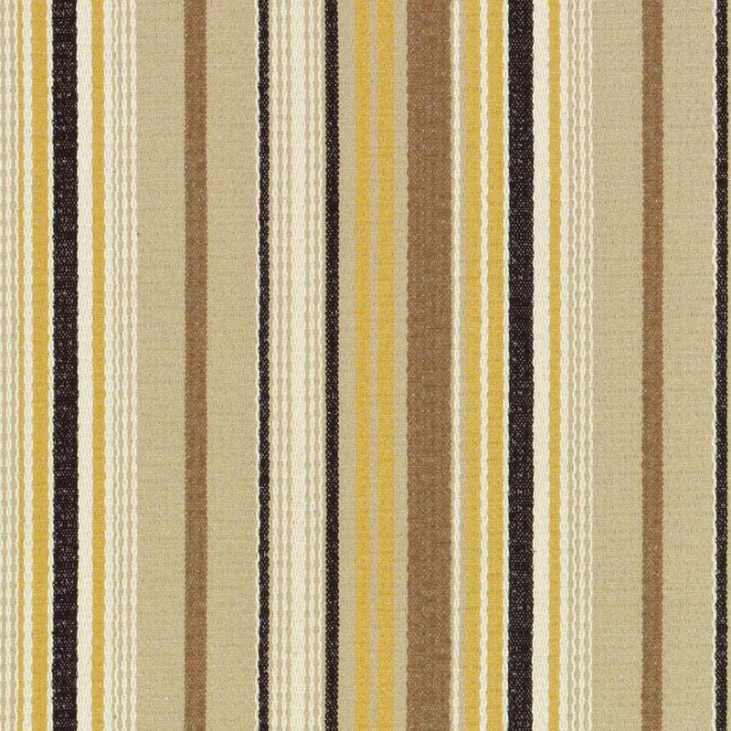 Vertical striped woven upholstery fabric in beige, tan, mustard, cream and black.