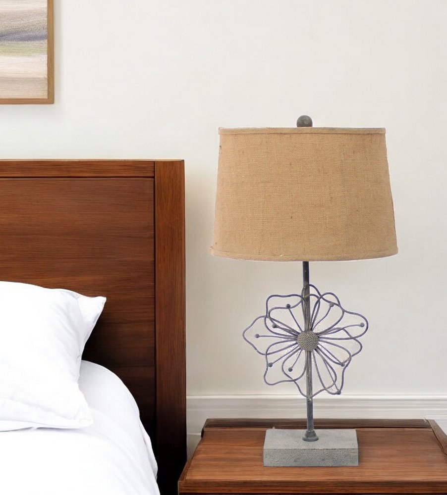 28" Distressed Gray Metal Novelty Bedside Lamp With Khaki Drum Shade