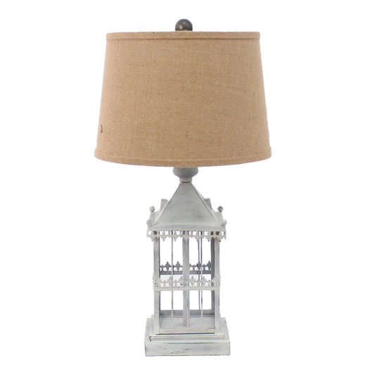26" Gray Metal Table Lamp With Brown Drum Shade