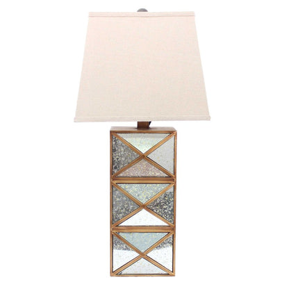 28" Distressed Gold And Silver Metal Bedside Lamp With Beige Shade