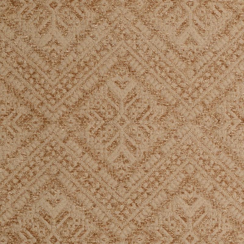 Beige woven upholstery fabric with a tan diamond damask pattern and intricate medallions; warm, textured geometric design.