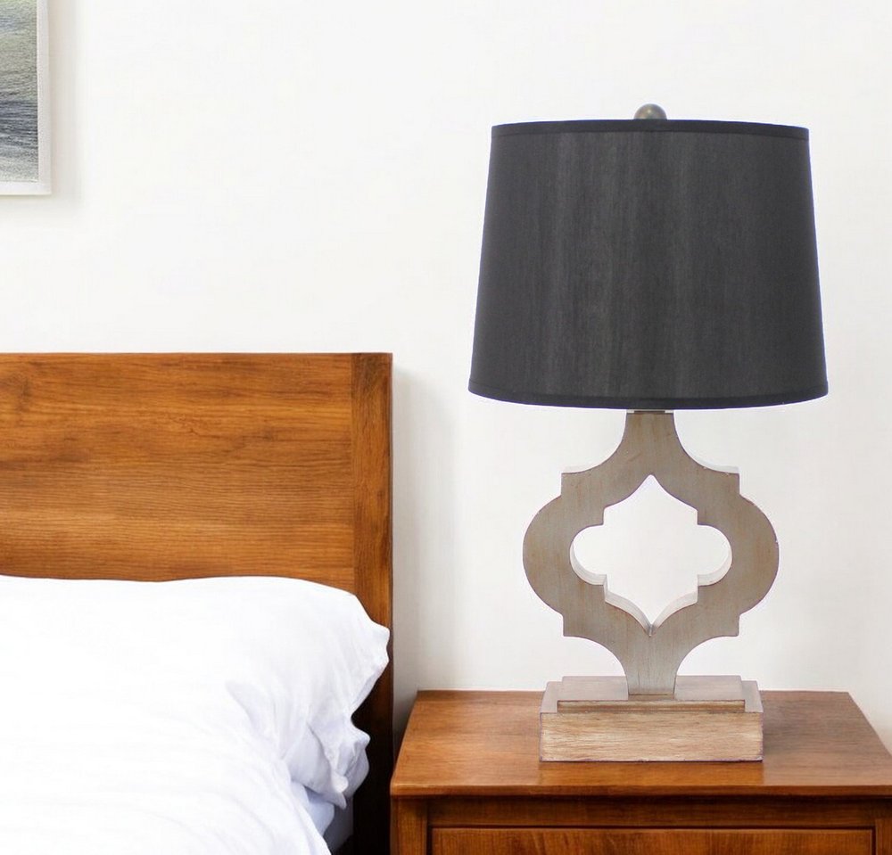 25" Distressed Brown Wood Novelty Bedside Lamp With Black Drum Shade