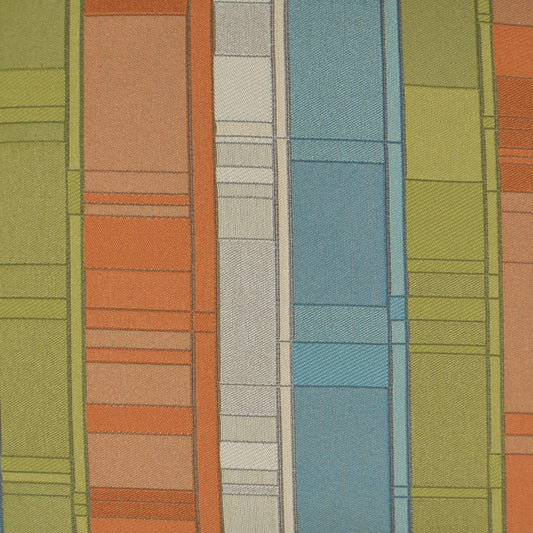 Colorful geometric fabric with vertical rectangular blocks in lime green, orange, beige, and blue.