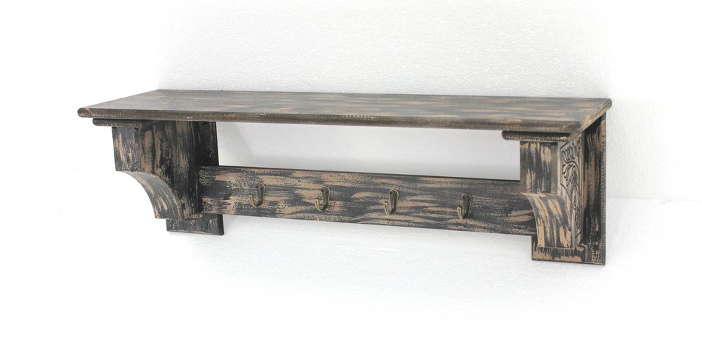 30" Black Distressed Wood Four Hook Wall Mounted Hanging Coat Rack