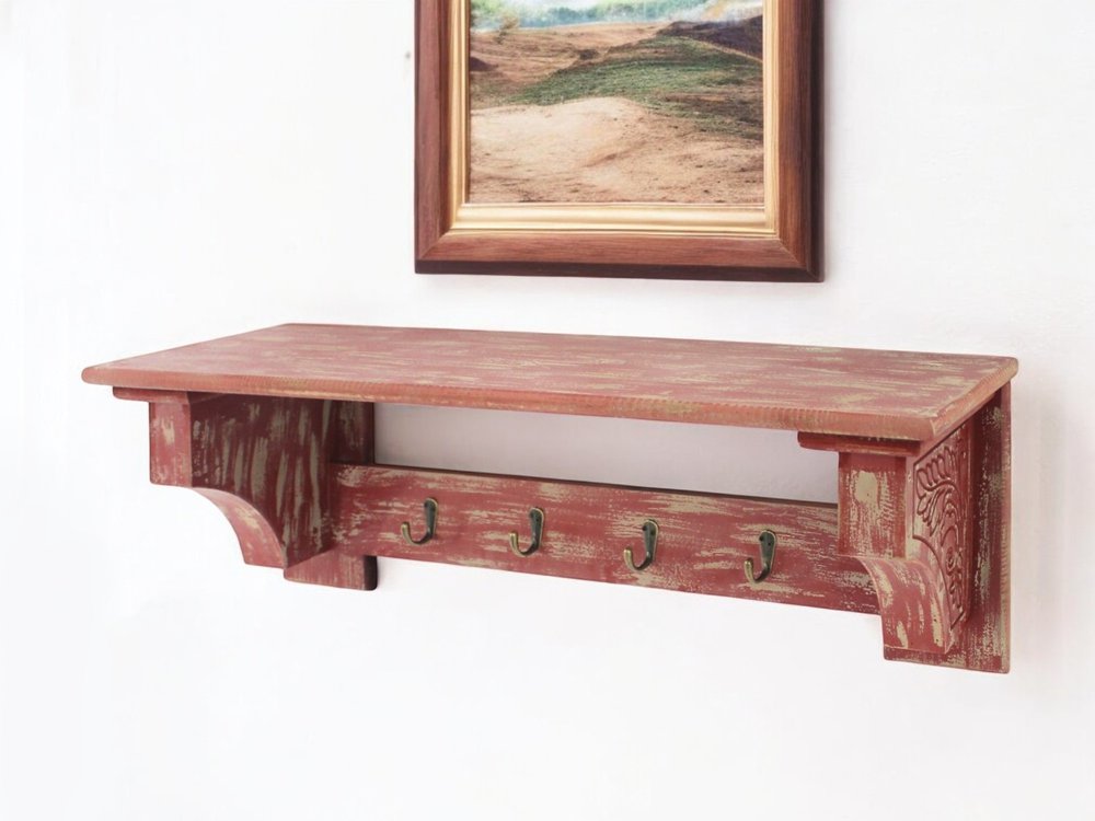 30" Black Distressed Wood Four Hook Wall Mounted Hanging Coat Rack