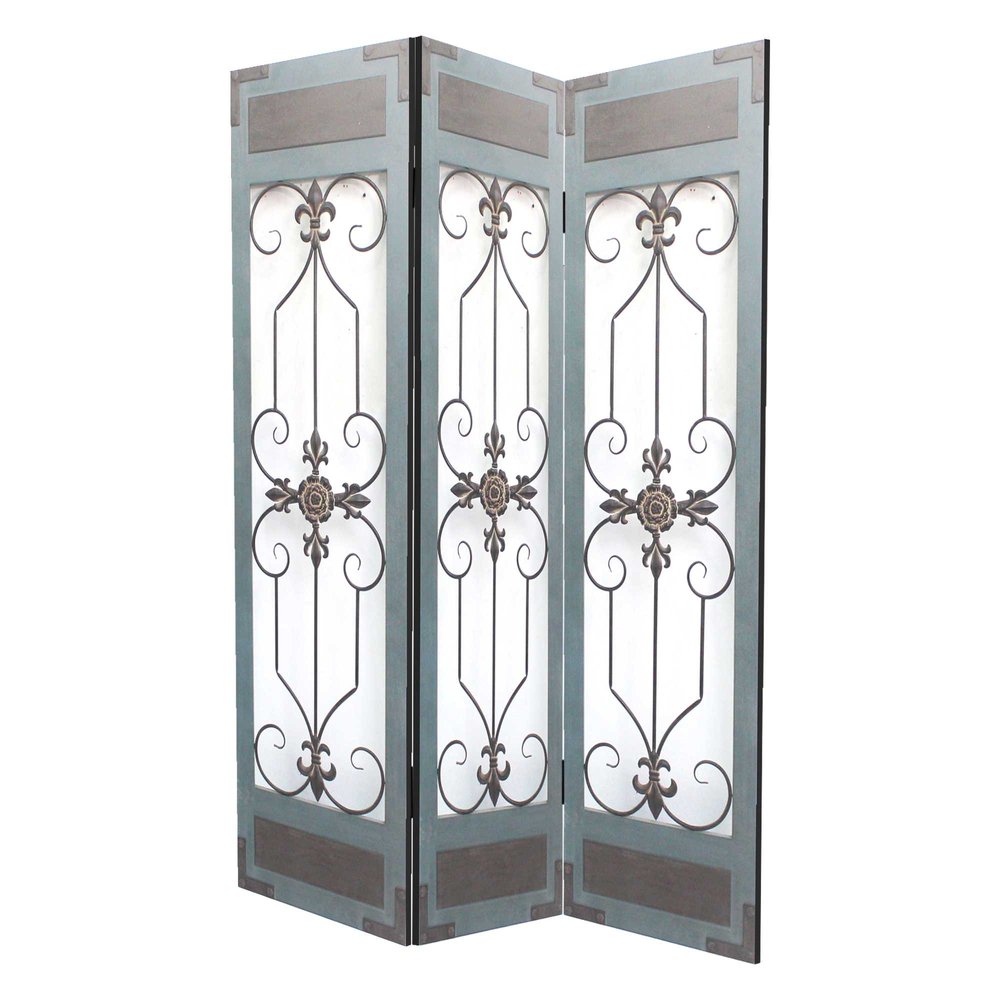 Three-panel blue metal folding screen room divider.
