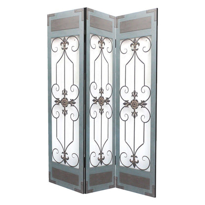 Three-panel blue metal folding screen room divider.