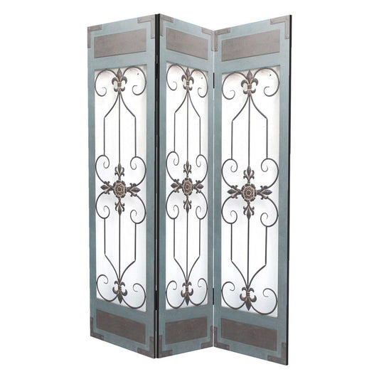 72" Blue Metal Folding Three Panel Screen Room Divider