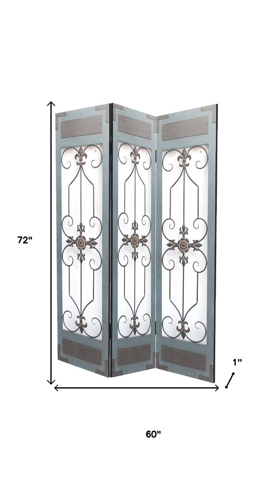 Three-panel blue metal folding screen room divider with ornate scrollwork; 72" tall x 60" wide.