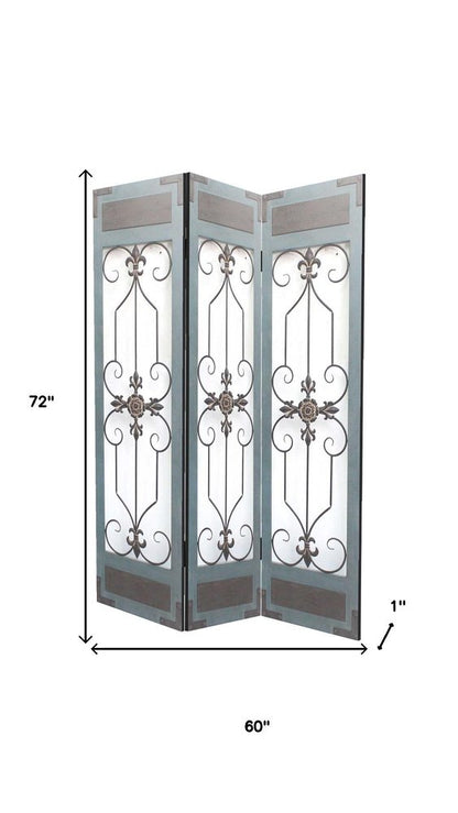 Three-panel blue metal folding screen room divider with ornate scrollwork; 72" tall x 60" wide.