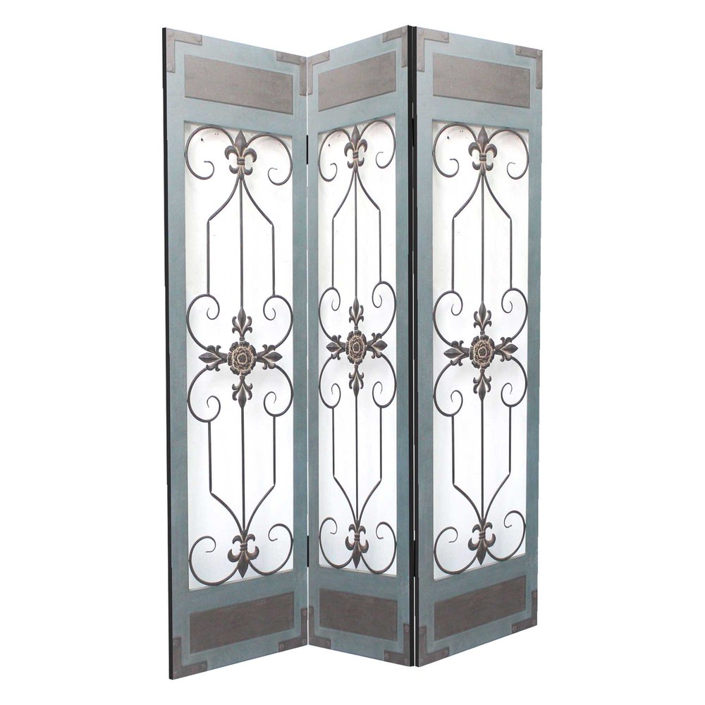 Three-panel folding screen with wrought-iron scrollwork and floral centers on blue-gray panels with brown trim.