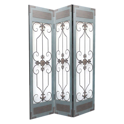 Three-panel folding screen with wrought-iron scrollwork and floral centers on blue-gray panels with brown trim.