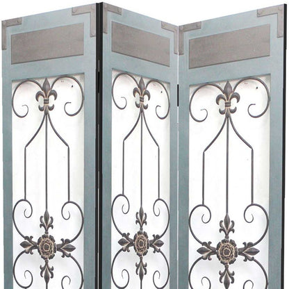 Blue metal folding three-panel screen room divider with decorative wrought-iron scrollwork and floral motif.