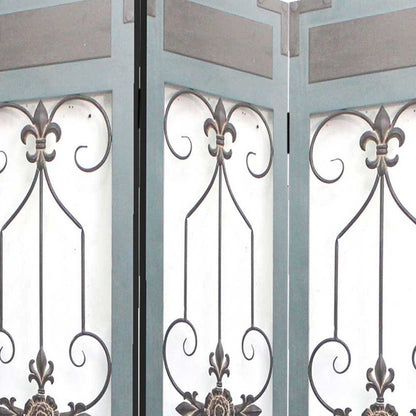 Blue metal folding three-panel screen room divider with decorative panels and fleur-de-lis scrollwork.