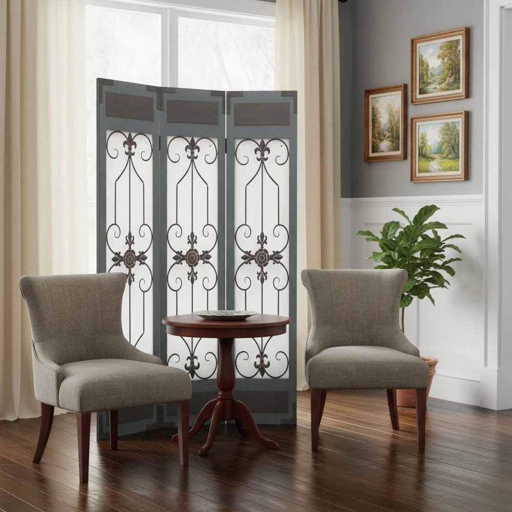 Blue metal folding three-panel screen room divider.