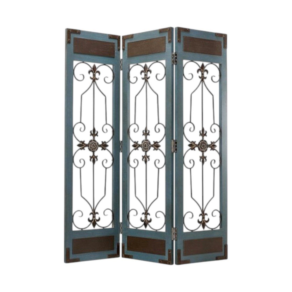 Three-panel teal blue folding room divider with ornate wrought-iron scrollwork and metal trim.