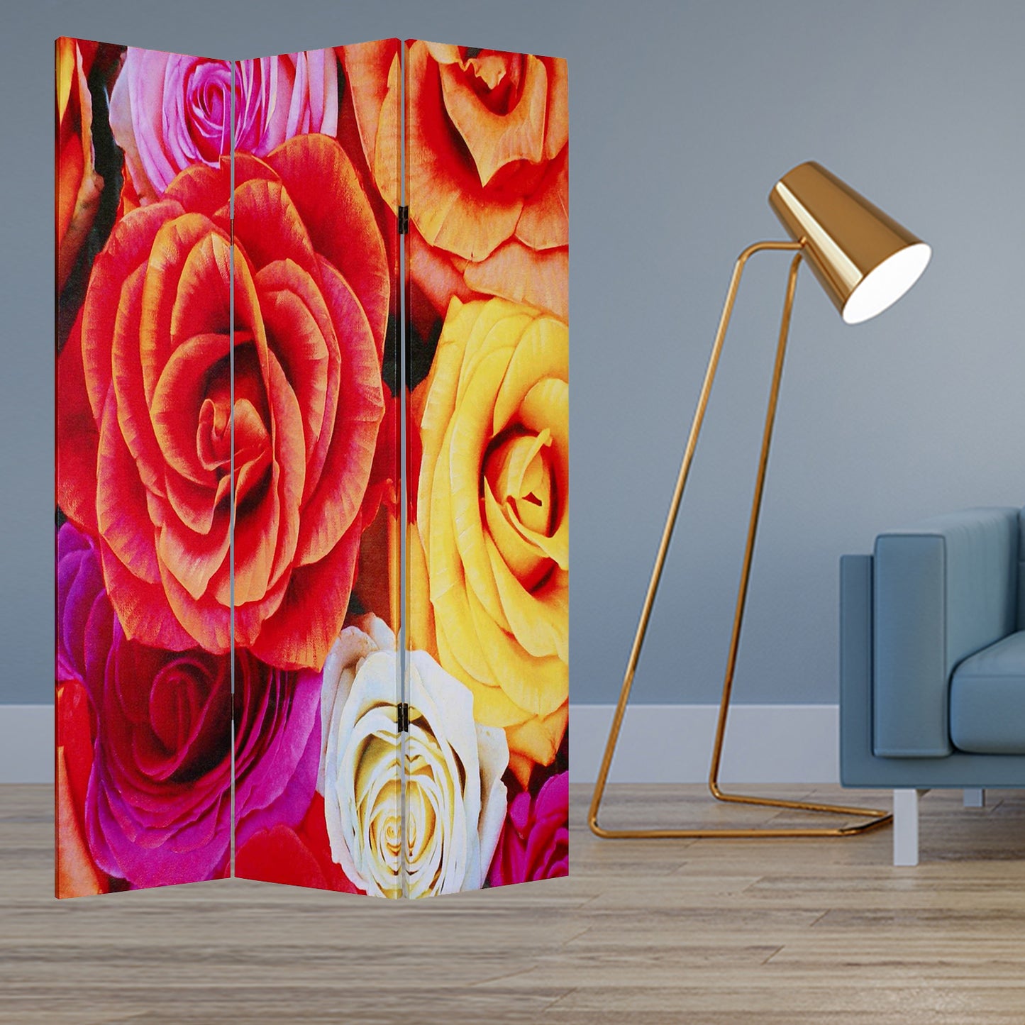 48 X 72 Multi Color Wood Canvas Daisy And Rose  Screen