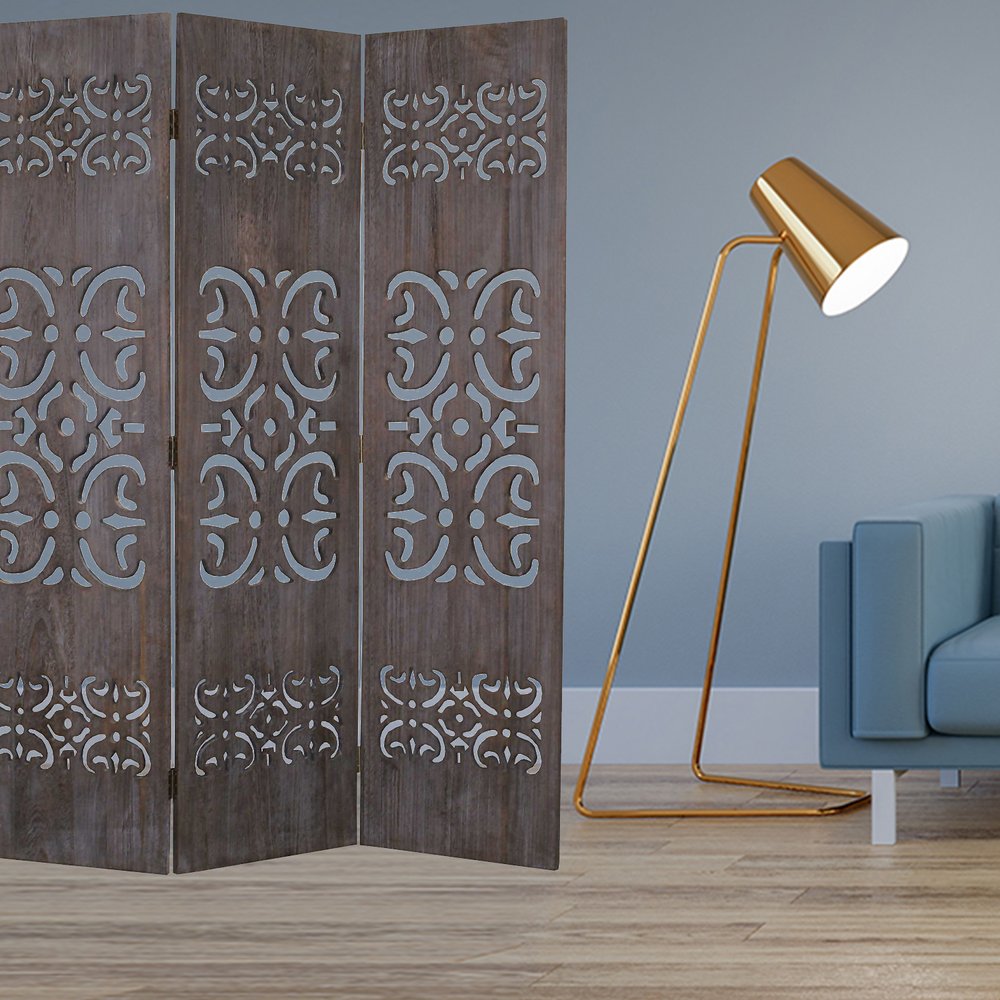 67" Brown Wood Folding Three Panel Screen Room Divider