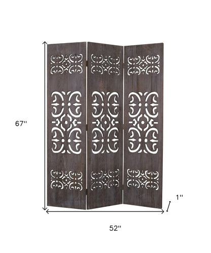 67" Brown Wood Folding Three Panel Screen Room Divider