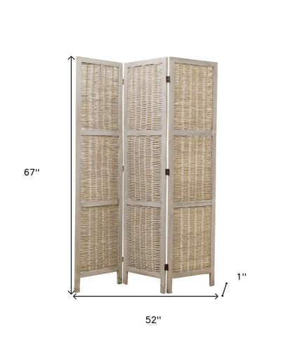 67" Beige Wood Folding Three Panel Screen Room Divider