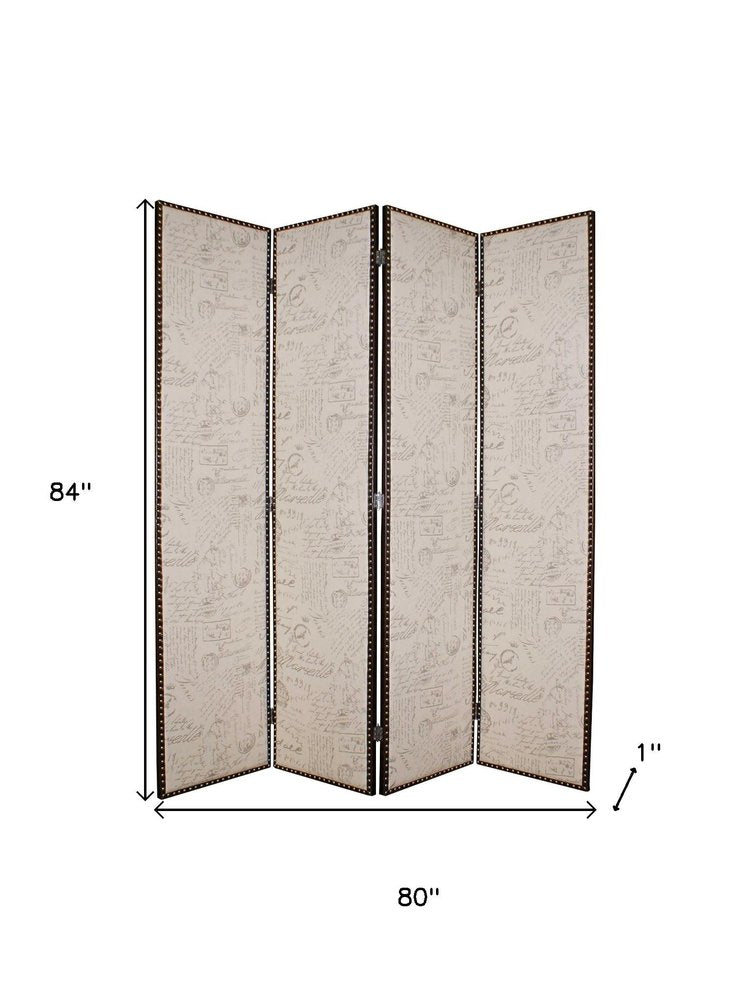 84" Beige Fabric Folding Four Panel Screen Room Divider