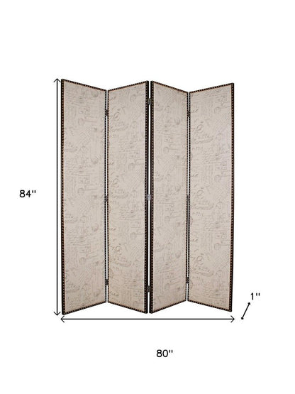 84" Beige Fabric Folding Four Panel Screen Room Divider