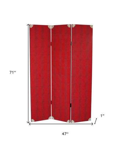 71" Red Wood Folding Three Panel Screen Room Divider