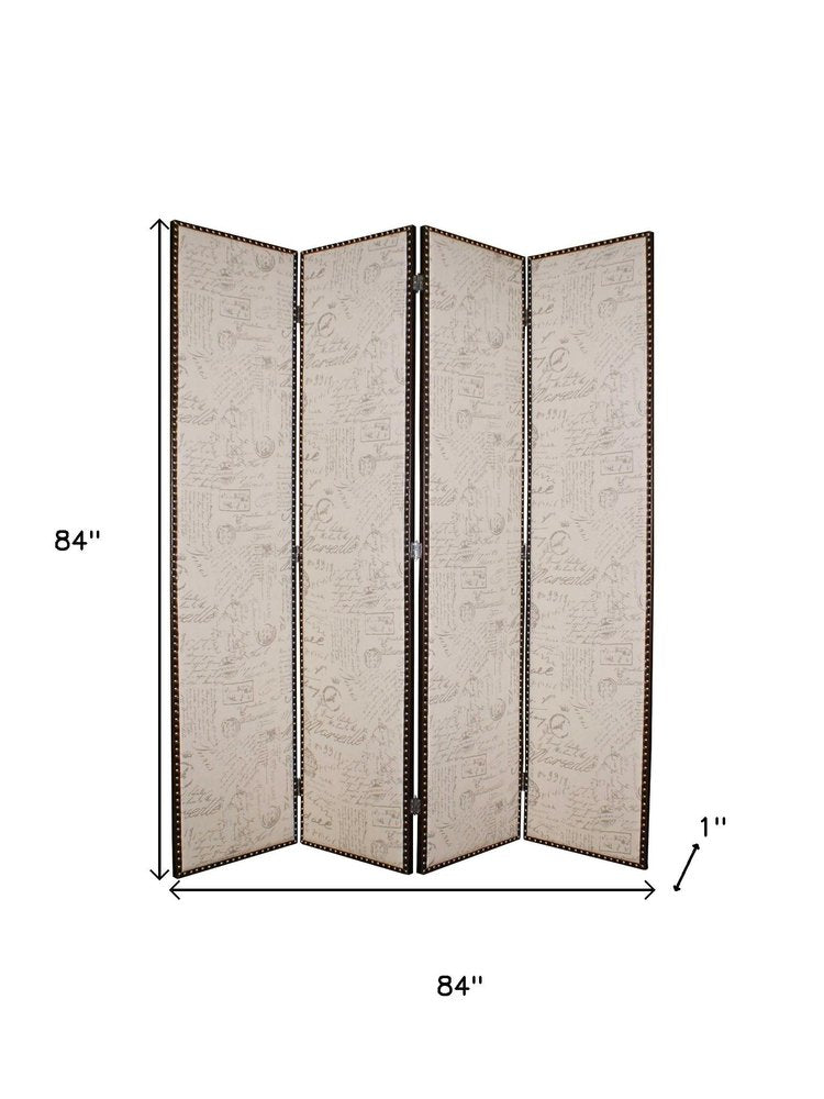 84" Beige Fabric Folding Four Panel Screen Room Divider