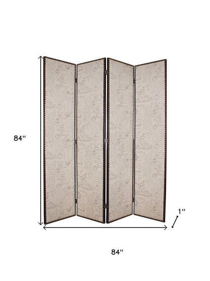 84" Beige Fabric Folding Four Panel Screen Room Divider