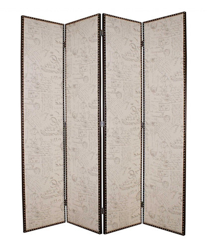 84" Tan Fabric Folding Four Panel Screen Room Divider