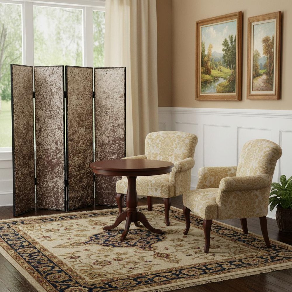 84" Beige Fabric Folding Four Panel Screen Room Divider