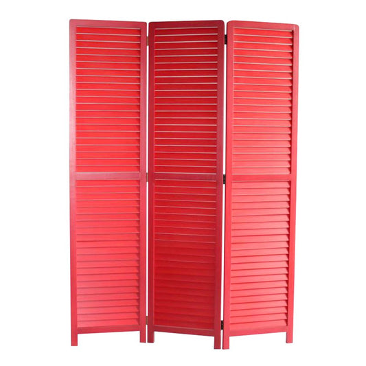 67" Red Wood Folding Three Panel Screen Room Divider