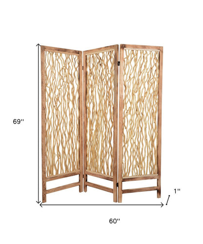 69" Brown Wood Folding Three Panel Screen Room Divider
