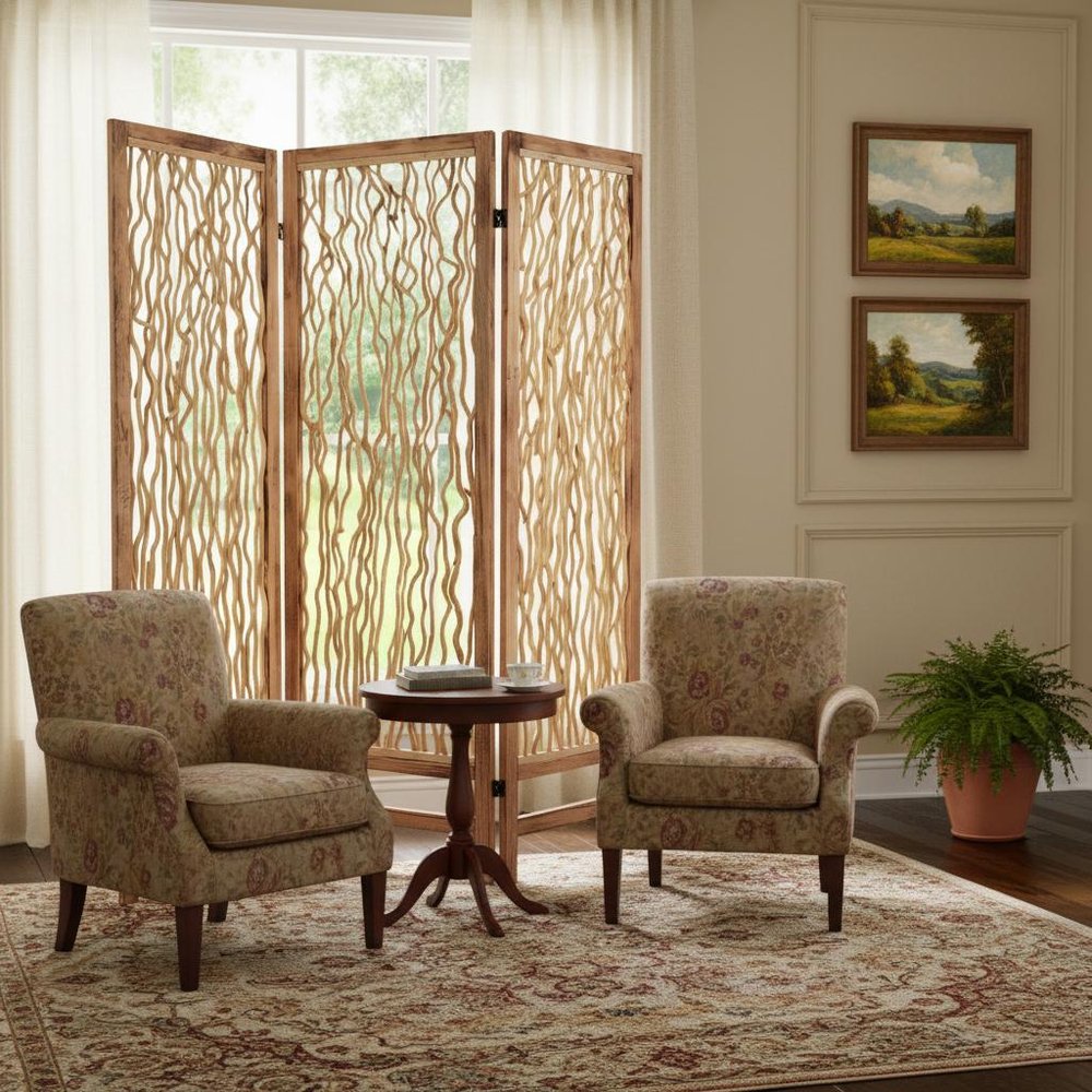 69" Brown Wood Folding Three Panel Screen Room Divider