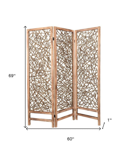 69" Brown Wood Folding Three Panel Screen Room Divider