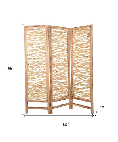 69" Brown Wood Folding Three Panel Screen Room Divider
