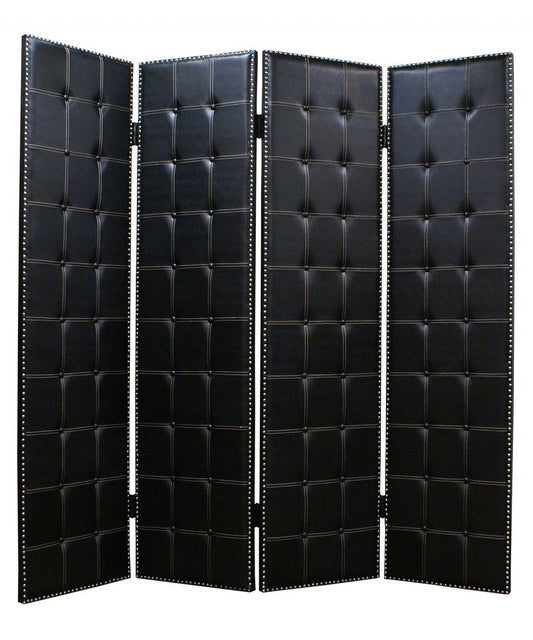 84" Black Faux Leather Folding Four Panel Screen Room Divider