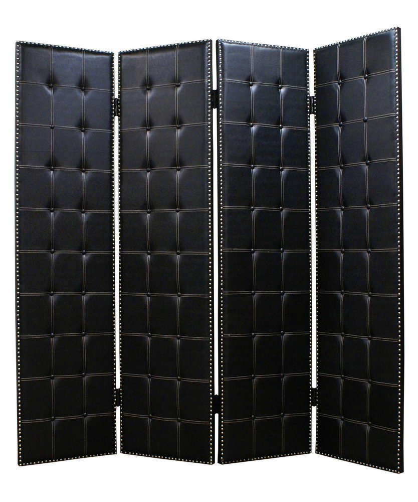 84" Black Faux Leather Folding Four Panel Screen Room Divider
