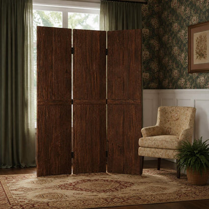72" Brown Wood Folding Three Panel Screen Room Divider