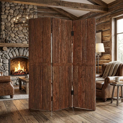 72" Brown Wood Folding Three Panel Screen Room Divider