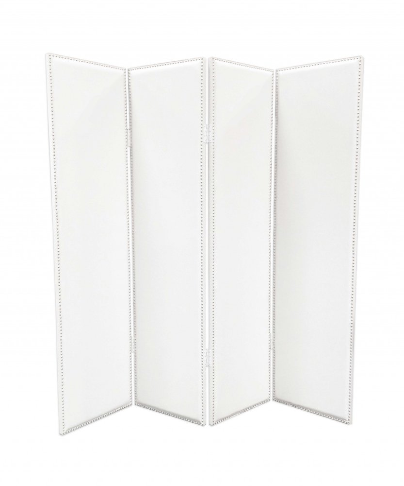 84" White Faux Leather Folding Four Panel Screen Room Divider