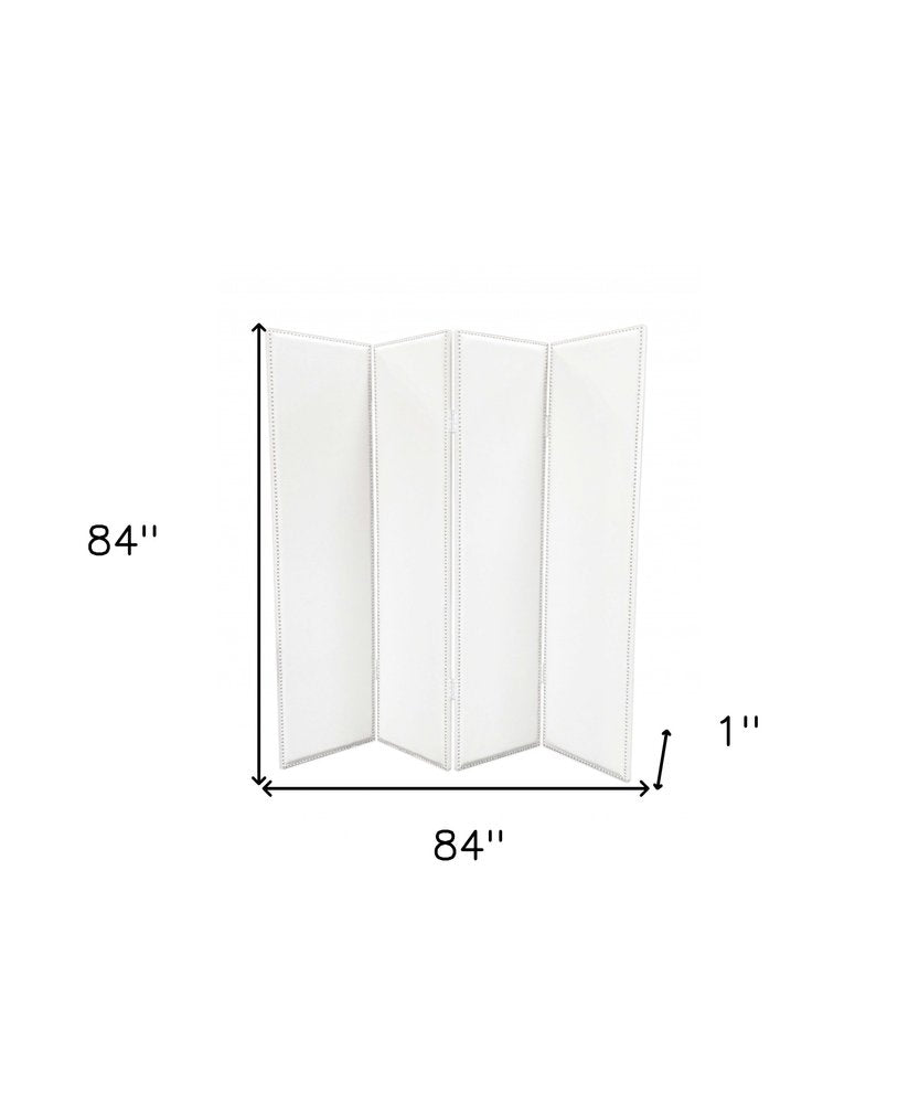 84" White Faux Leather Folding Four Panel Screen Room Divider